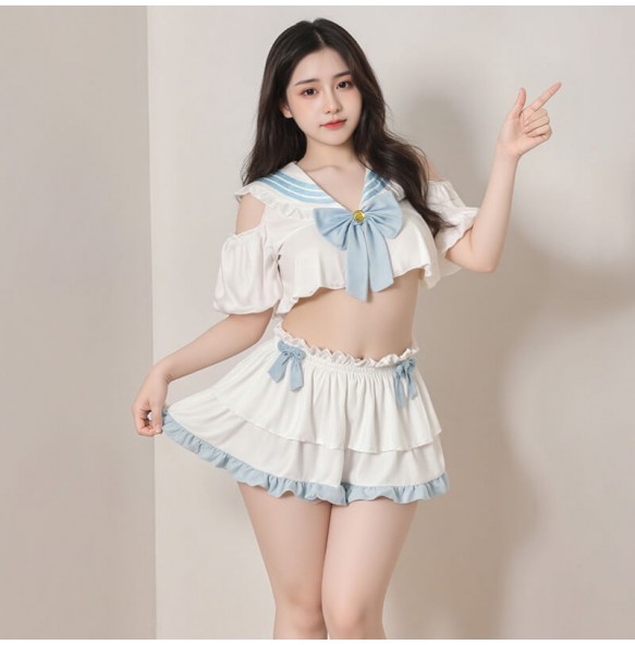 FEE ET MOI - Off-Shoulder Cut-Out Schoolgirl Outfit (Plus Size - Blue White)